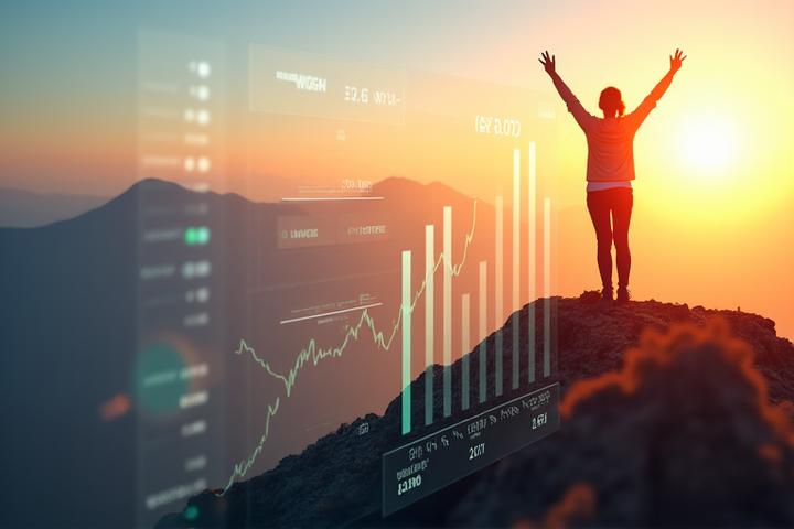 Gráficos de barras y líneas de progreso en una pantalla digital con un icono de crecimiento, de fondo una persona celebrando un logro personal como subir una montaña.