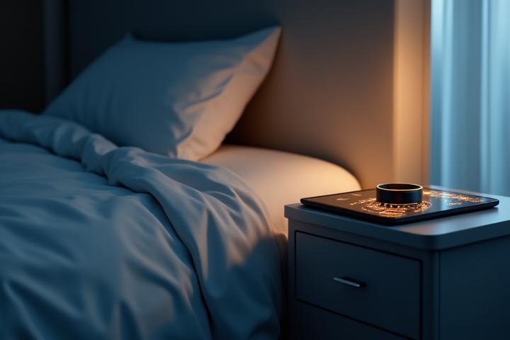 Dormitorio tranquilo y moderno con iluminación suave, una tablet mostrando un gráfico de seguimiento de sueño y un wearable en una mesita de noche.