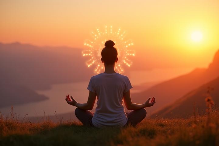 Persona meditando pacíficamente al aire libre al atardecer, con una representación digital sutil de ondas cerebrales o calma reflejada en el aire.