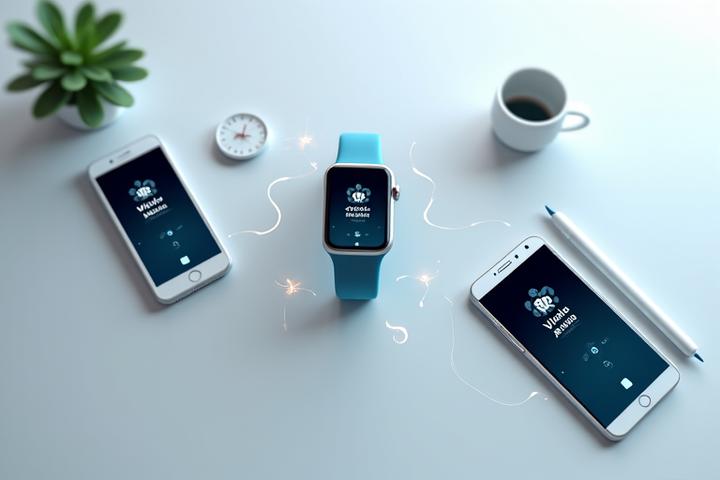 Varias pantallas de dispositivos electrónicos (smartphone, smartwatch, tablet) mostrando logos de Apple Health, Google Fit, Fitbit y el logo de Viento Sano, con líneas de conexión entre ellos.